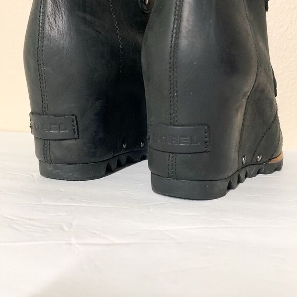 Sorel Joan of Artic Wedge Mid Women's 10 Black Leather Boots Booties Calf Length - Picture 6 of 9